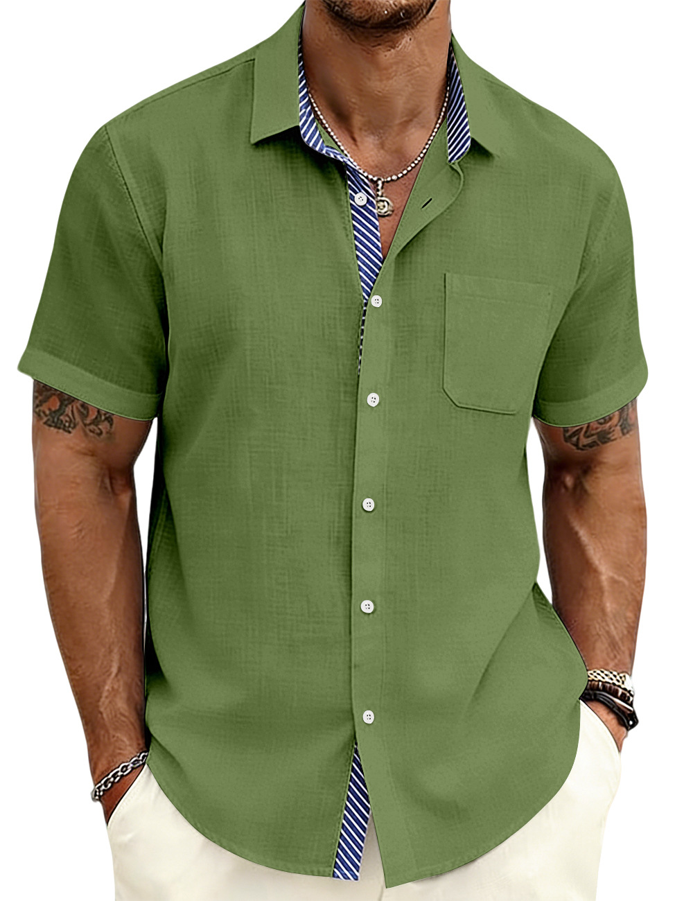 Verano europeo y americano nuevo hombre revestimiento a rayas de manga corta camisa de comercio exterior exterior casual europea americana