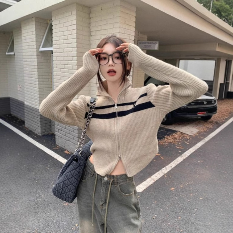 设计感复古撞色双拉链POLO领针织衫女秋冬季休闲显短款瘦毛衣开衫|undefined