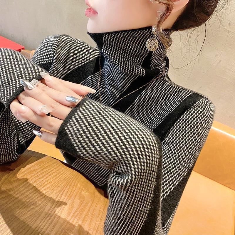 [캐시미어 귀족 가족] 더미 칼라 스웨터 짧은 양털베이스 셔츠 여성용 줄무늬 슬림핏 두꺼운 니트 셔츠
