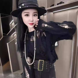 2025春秋新款欧美女装时尚性感镂空女士上衣Ins宽松露脐针织毛衣