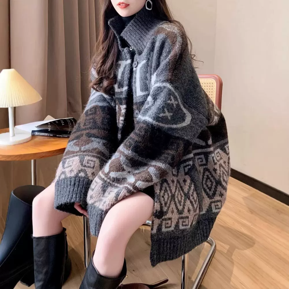 冬季新款大码加绒胖妹妹美拉德风慵懒风宽松中长款外套针织开衫女