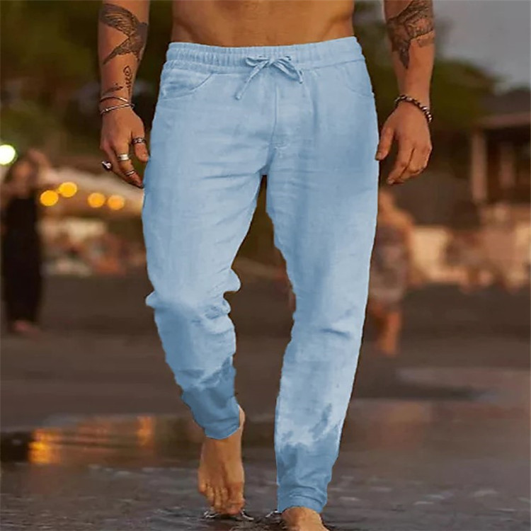 Neue Herren-Strand-Freizeithose aus einfarbigem Baumwollleinen mit Kordelzug_voghion.com
