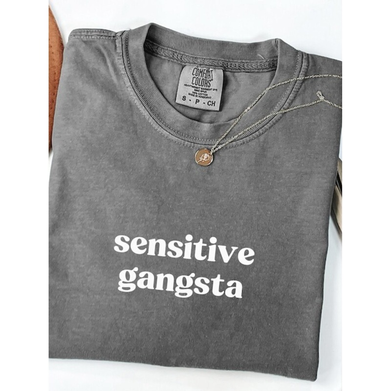 【European Size Cotton T-Shirt】Women's Funny "Sensitive Gang" Slogan T-Shirt Brown Casual Pattern Short Sleeve Unisex