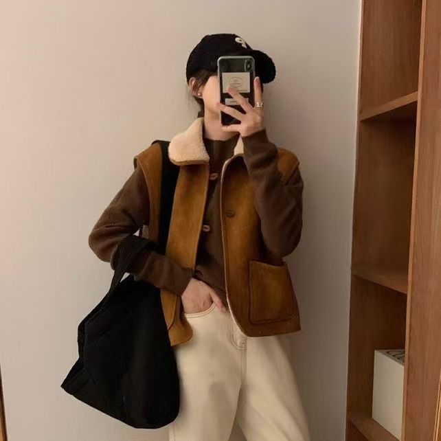 Meilad coreano estilo de moda de piel de ciervo chaleco de invierno nuevo interior de lana de cordero hombre pequeño hombro