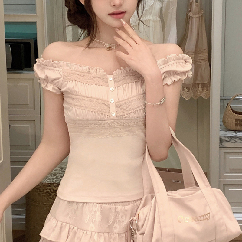 Creamysweet L'Adolescene Window Display Lace Patchwork Bow Tie One-Shoulder Top for Women