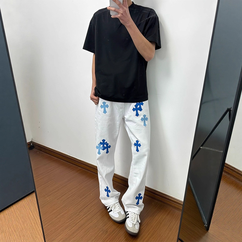 White American High Street Flared Jeans for Men, Autumn Trendy Brand Cross-Rise Pants, Slim-Fit Straight-Leg Pants White American High Street Flared Jeans for Men, Autumn Trendy Brand Cross-Rise Pants, Slim-Fit Straight-Leg Pants
