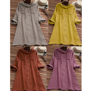 AliExpress Amazon New Cotton and Linen Solid Color Loose Large Size Hooded Long Sleeve Cardigan Shirt 986#S--5XL