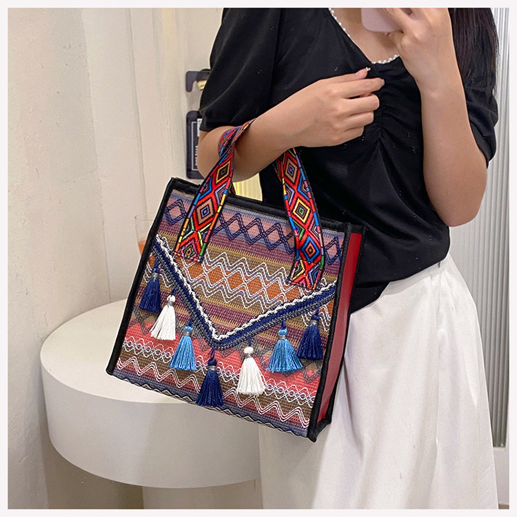 Square Shape Women's Medium Canvas Ethnic Style Tote Bag