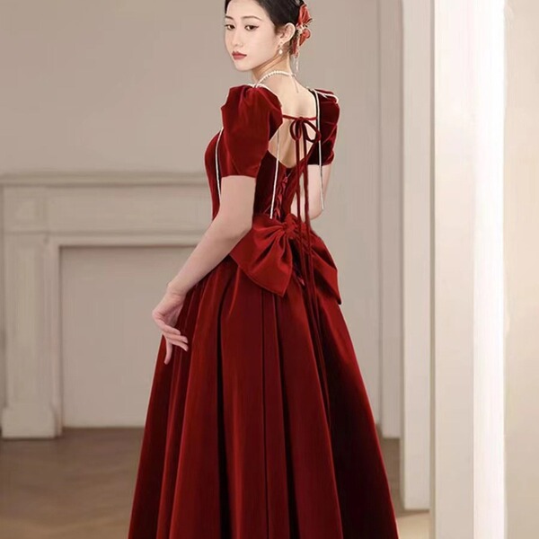 Burgundy velvet evening dress