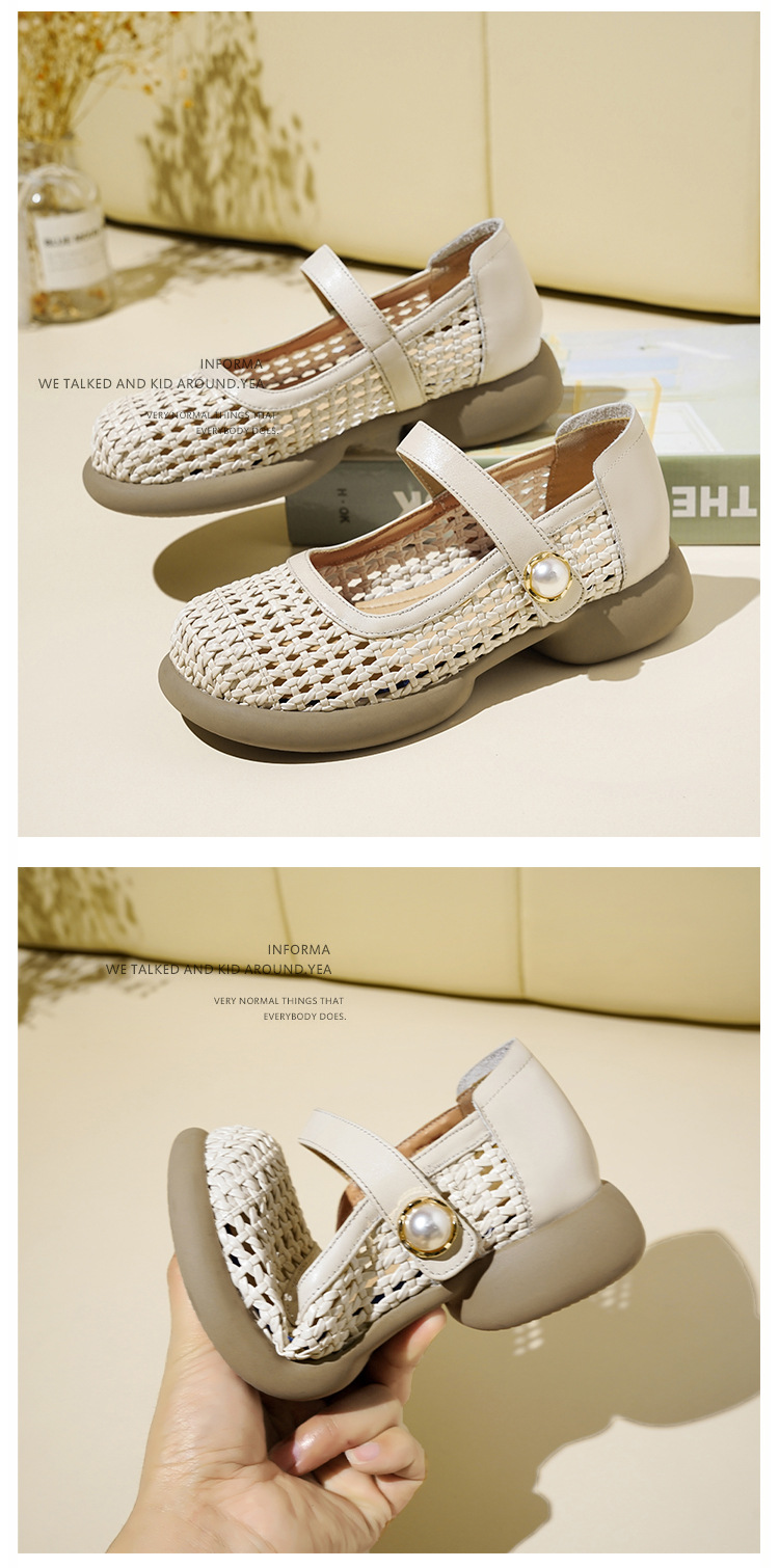 Sandal nữ da thật quai chữ V đan móc mũi kín đế mềm — màu be chi tiết 25