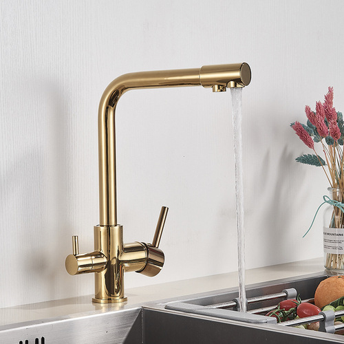 Manufacturer cross-border brass antique three-in-one purification faucet electroplated black gold kitchen mixed water filter faucet