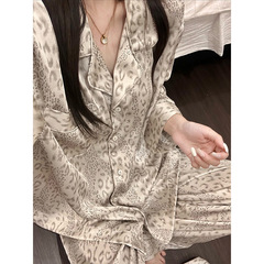 冰丝睡衣女春秋新款法式高级时尚豹纹长袖长裤家居服套装