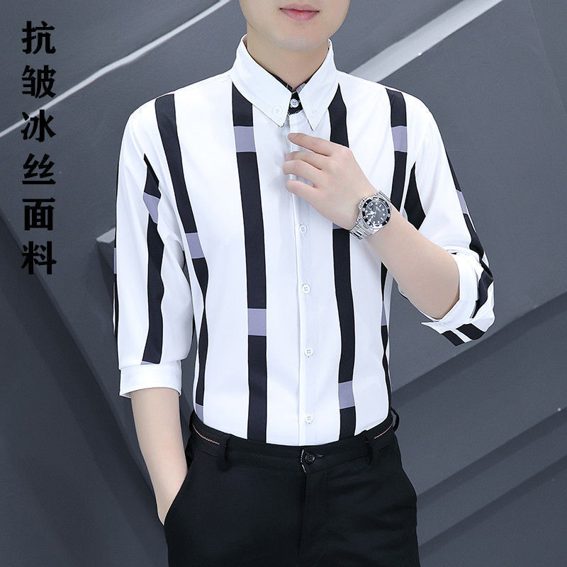 Shanli Dadi Thin Men's Seven-Sleeve Shirt Korean-Style Fashionable Non-Ironing Anti-Wrinkle Striped Shirt Casual Mid-Sleeve Short Sleeve Shirt