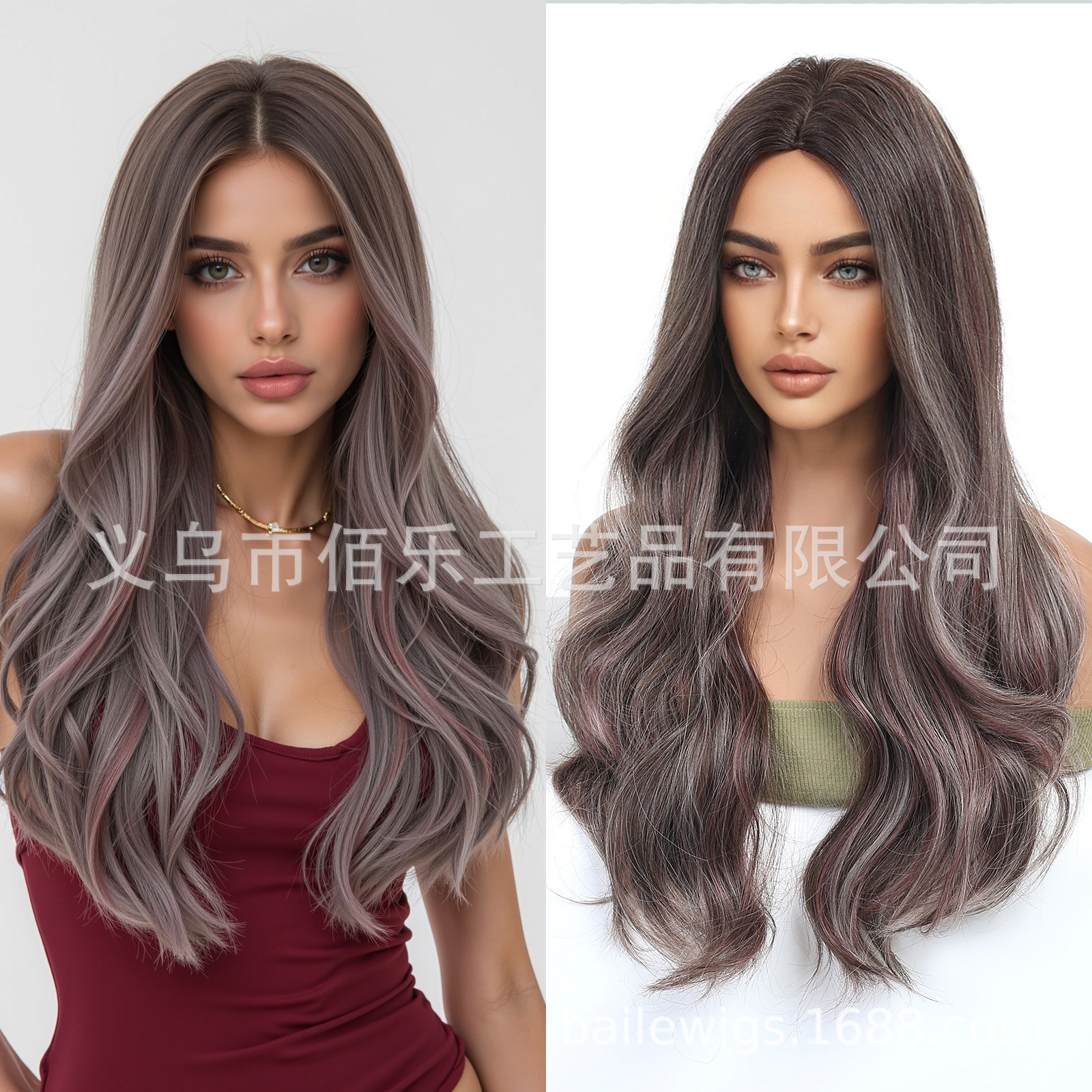 Peluca europea y americana púrpura marrón mixto cabello rizado de longitud media 26 pulgadas cabello resistente a altas temperaturas red rosa spot wigs al por mayor