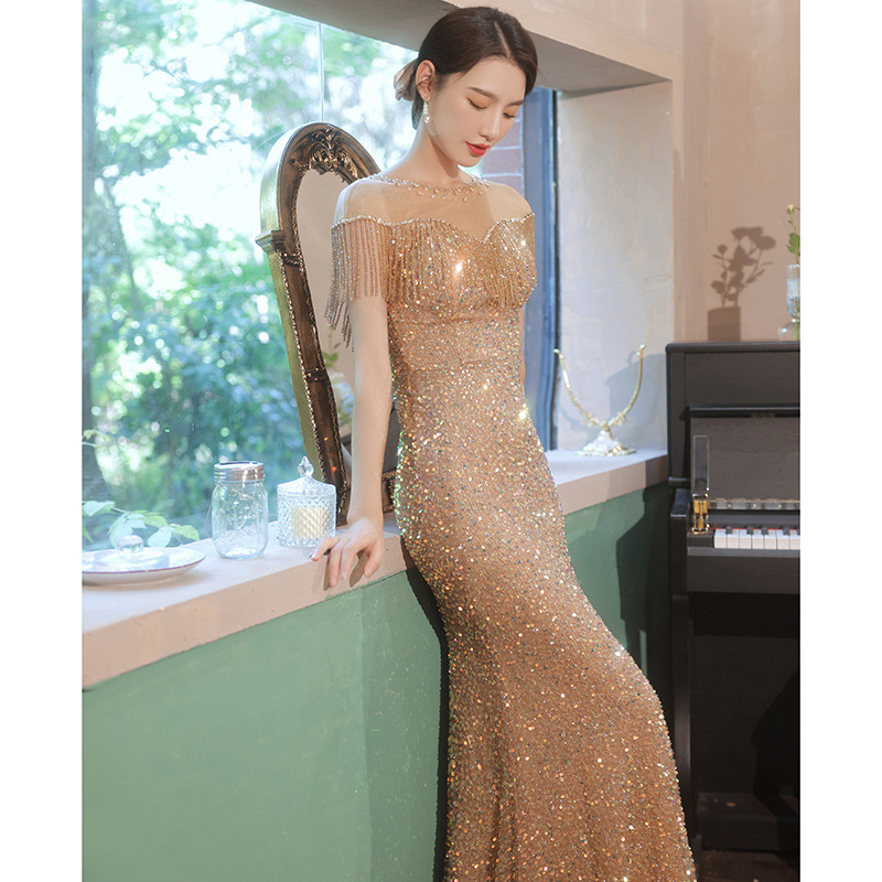 Sequin Dress for Women 2026 New European and American Style Elegant Annual Meeting Host Long Fishtail Tassel Banquet Evening Dress