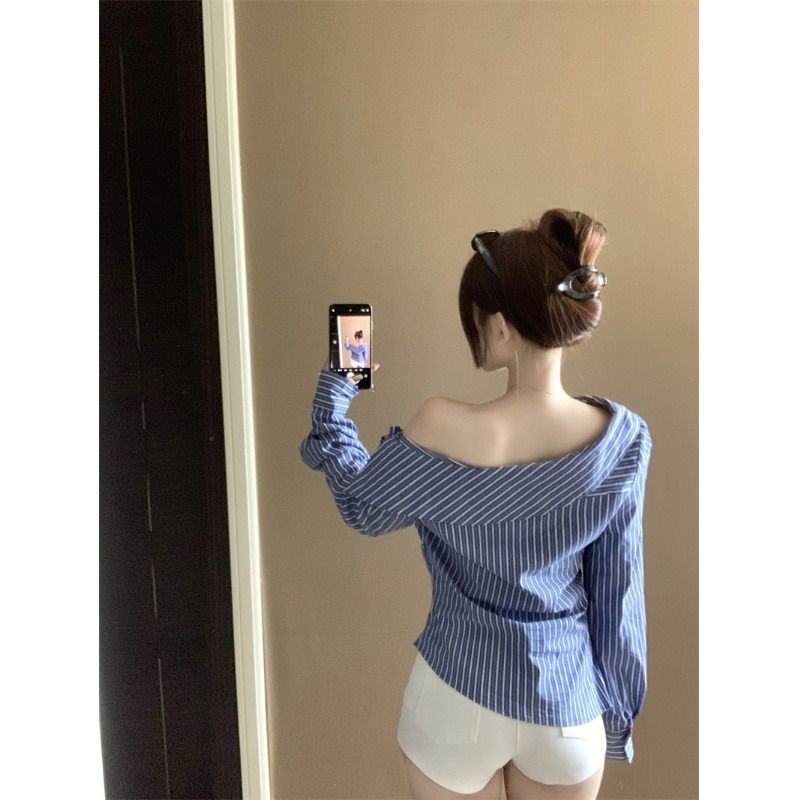 不规则蓝色条纹斜肩长袖衬衫女秋季小众修身衬衣纯欲独特显瘦上衣|undefined