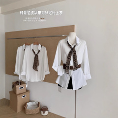 2025新款不规则豹纹领带衬衫女秋季中长款配腰带上衣设计感衬衣