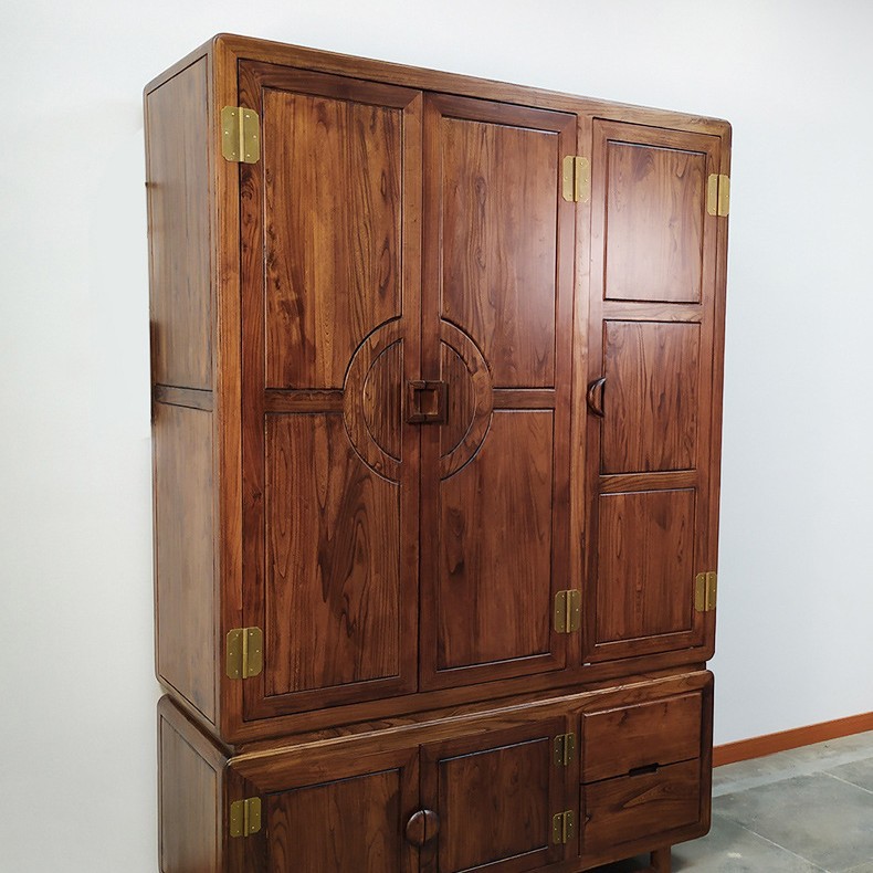 Luban Yimu Antique Bedroom Furniture Old Elm Solid Wood Wardrobe Elm Top Box Cabinet Three-Door Wardrobe 1.5m