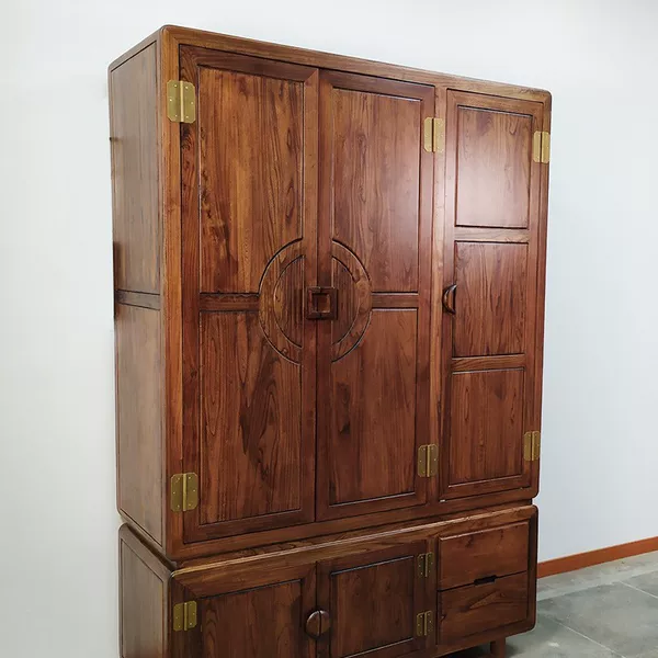Luban Yimu Antique Bedroom Furniture Old Elm Solid Wood Wardrobe Elm Top Box Cabinet Three-Door Wardrobe 1.5m
