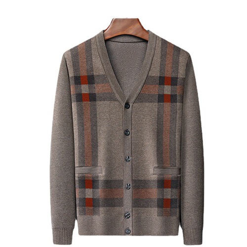 Men's 2024 New Knit Sweater Fashion Korean Version Mid-Age Thick Warm Father's Day Long-Sleeve Top V-Neck Sweater