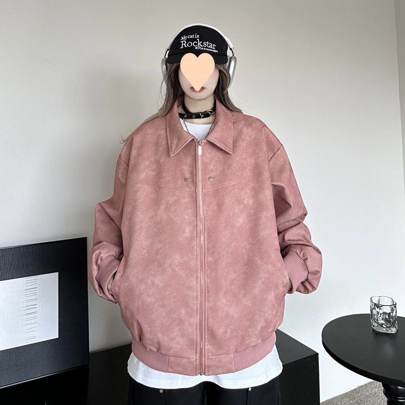 美式復古翻領皮衣外套女2025年秋季高級美拉德寬鬆棒球服夾克上衣