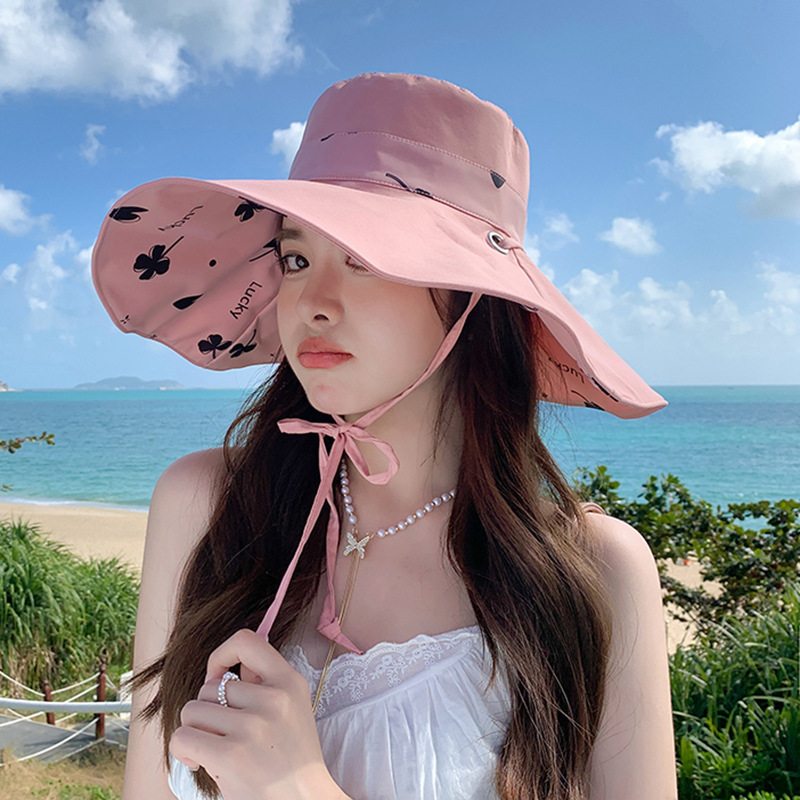春秋热卖小众潮双面四叶草渔夫帽子女户外休闲防晒宽檐遮脸太阳帽|undefined