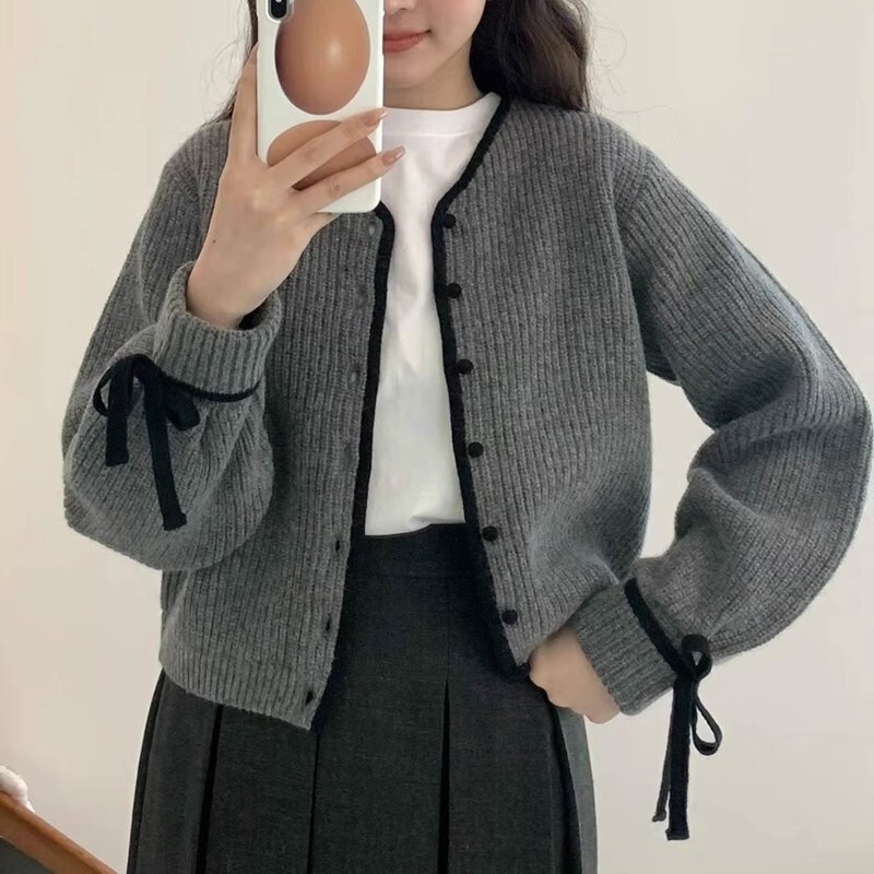 韩系甜美风短款针织开衫女秋冬季设计感小众系带毛衣外套外搭上衣|undefined