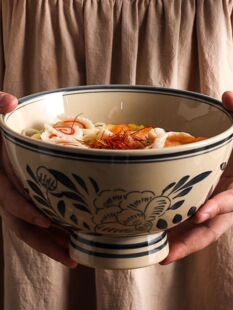Vintage Underglaze Large Soup Noodle Bowl with Handle, Oil Noodle Bowl, Commercial High-Footed Anti-Scalding