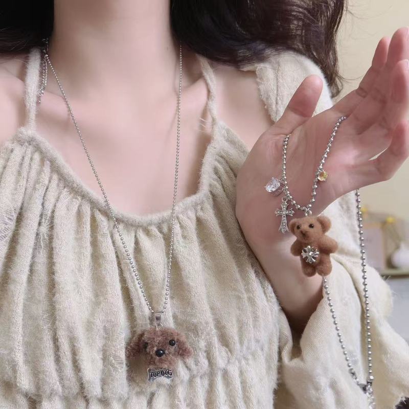 棕色毛绒小熊泰迪狗狗吊坠项链女小众个性甜酷高颜值学生党毛衣链|undefined