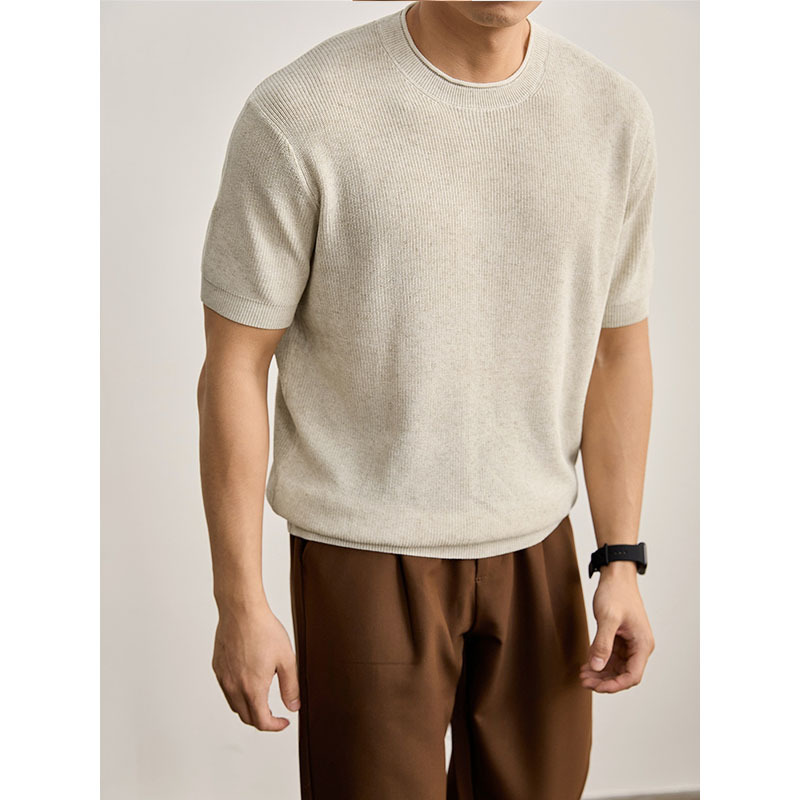 Camisa de punto de manga corta hombre cuello redondo hueco seda de hielo transpirable verano viejo estilo de negocios de color sólido en la fábrica transfronteriza al por mayor
