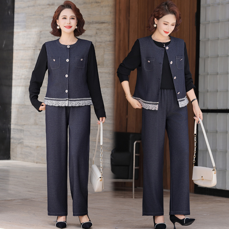 2025 Denim Spring and Autumn New Fashion Lace Style Western Style Mom Jacket Wide Leg Pants Suit Three Piece Set 2025 Denim Spring and Autumn New Fashion Lace Style Western Style Mom Jacket Wide Leg Pants Suit Three Piece Set