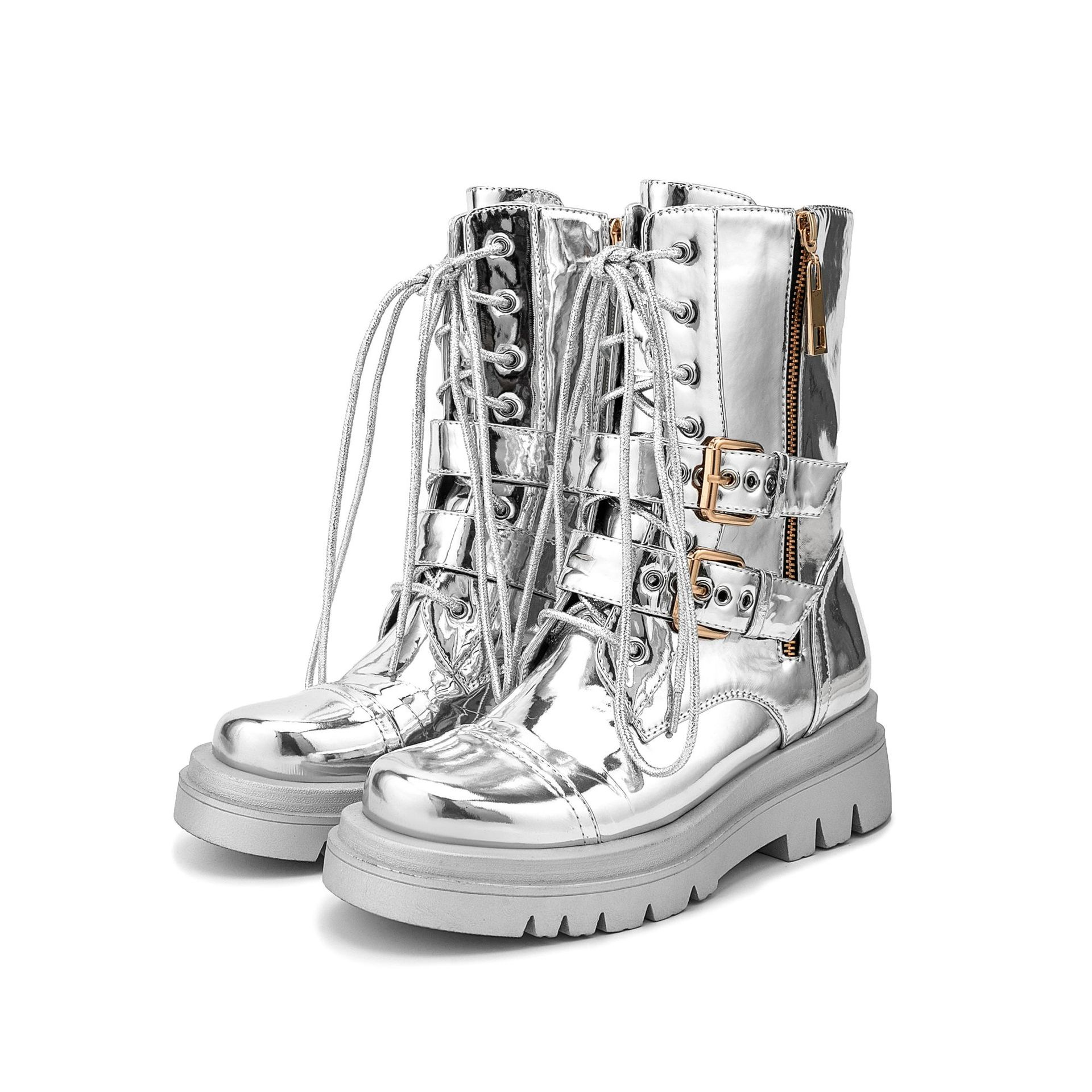 Silver patent leather medium chunky heel plus size platform booties punk boots_voghion.com