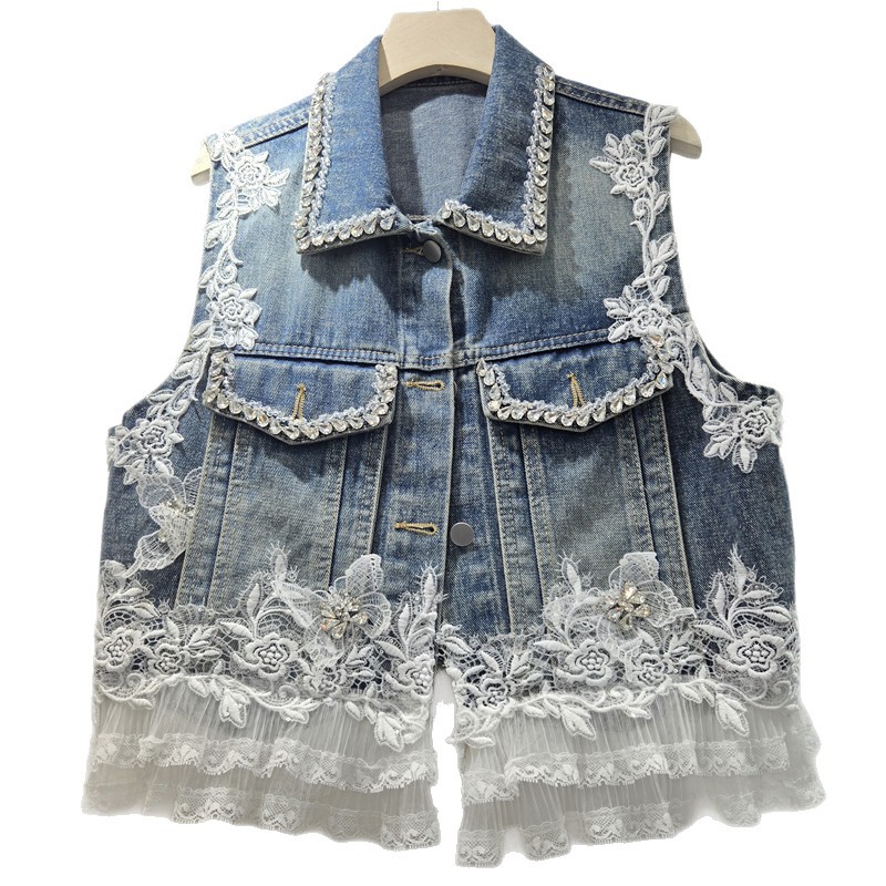 Estación europea de diseño pesado diamante de encaje chaleco chaleco de mujer nueva chaqueta de vaqueros suelta de moda image 5