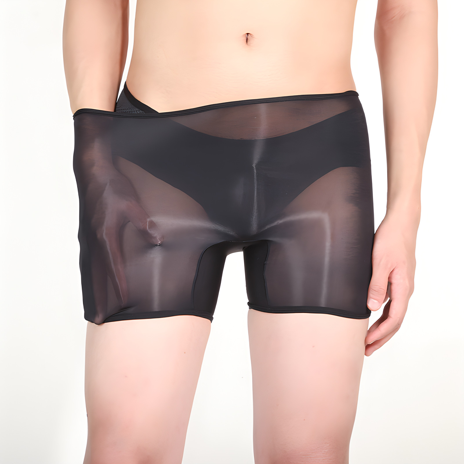 5D Ultra-Thin Fully Transparent Horse Oil Stockings Underwear Sexy Oily Silky Sexy See-Through Bullet Separated Boxer Briefs for Men