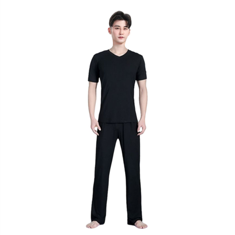 Black V-neck short sleeve + straight pants