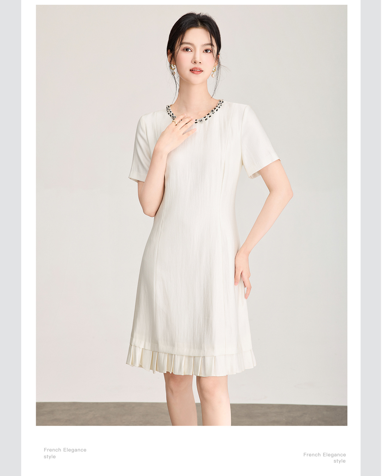 Váy suông nữ midi cổ tròn đính ngọc trai, tay ngắn, form suông che khuyết điểm — màu đen chi tiết 8
