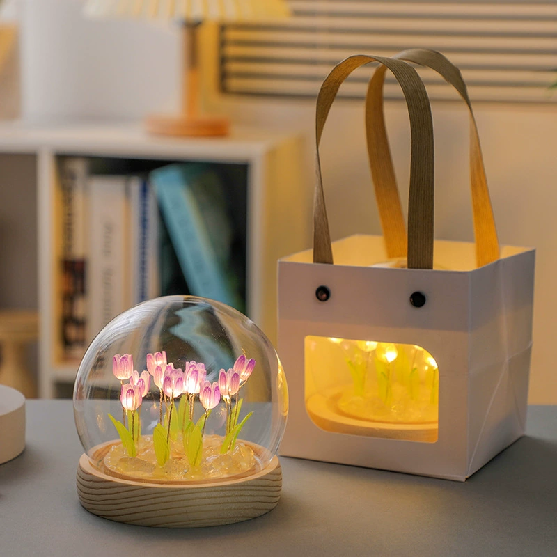 Night light tulip lamp, creative table lamp, battery or glass shade, 9–20 tulips, 13×13×15 cm