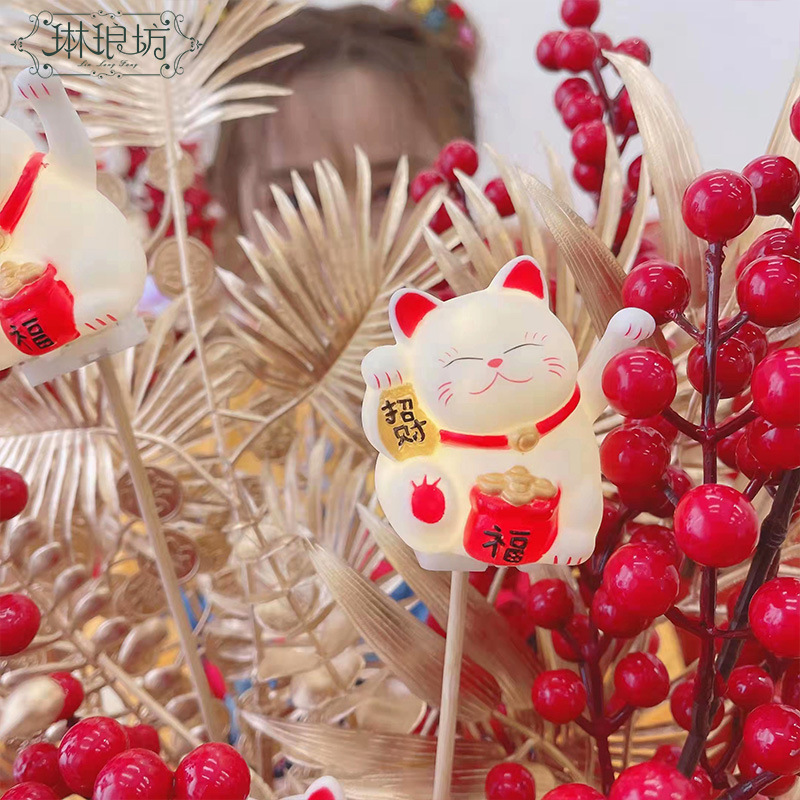 Luminoso gato afortunado Año Nuevo festivo de Año Nuevo flor bendición cubo decoración flores embalaje de regalo auspicioso floral Cadena de luz electrónica