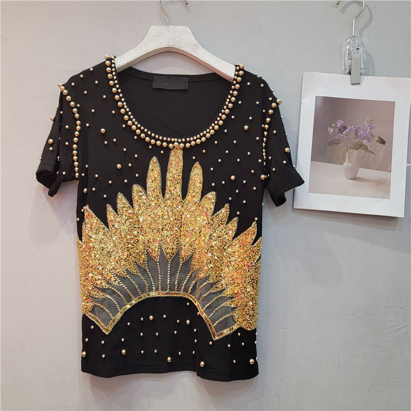Súper industria pesada con cuentas de punto camiseta para mujeres 2024 primavera y verano nuevo slim fit media manga corta que adelgaza camiseta superior