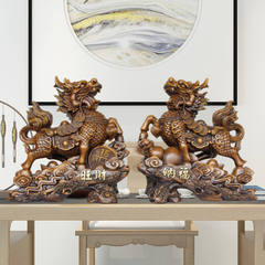 銅麒麟擺件一對客廳酒櫃玄關博古架木雕樹脂工藝品裝飾辦公室擺設