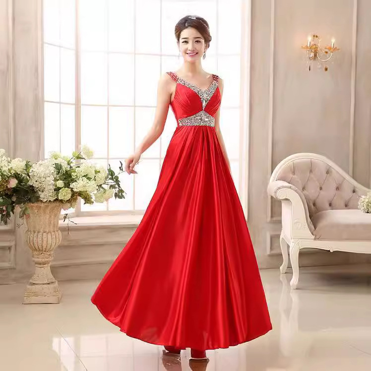 2025 New V Neck Dress Red Rhinestone Dress Bride Wedding Toast Dress Long Host Bridesmaid Dress