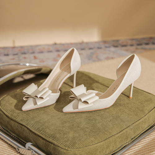 83318 [Sheepskin] Side hollow high heels women's stiletto heels 2024 spring new style pointed toe temperament bow single shoes