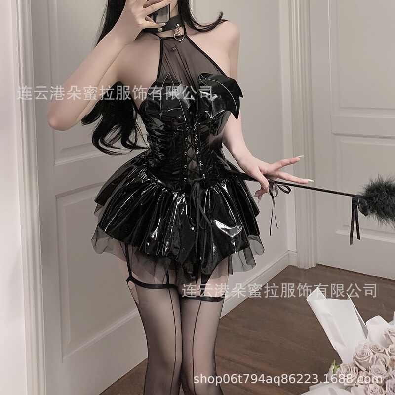 Domila's New Sexy Lingerie Glossy Pu Halter Strap Bat Little Devil See-Through Skirt Suit F301