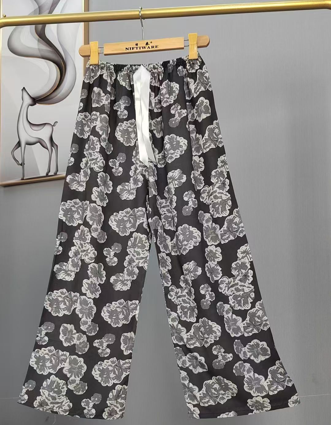 Pijama de seda de algodón para mujer, pantalones anchos de mujer embarazada de seda de algodón con estampado fino de verano