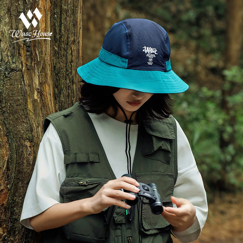 Quick-drying Fisherman Hat Outdoor Mountain Climbing Color-blocked Embroidered Mountaineering Hat Adjustable Rope Curling Basin Hat Sunshade Surfing Hat With Words