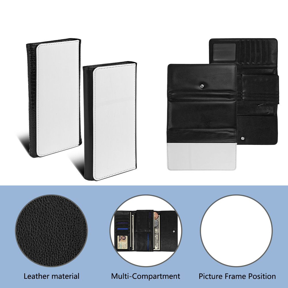 Venta directa de fábrica, sublimación en blanco, cuero impreso de una cara, billetera triple, posición larga de múltiples tarjetas, billetera de mano al por mayor