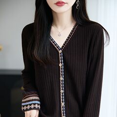 鸿2705新款民族风羊毛针织开衫女士时尚宽松显瘦毛衣长袖减龄上衣