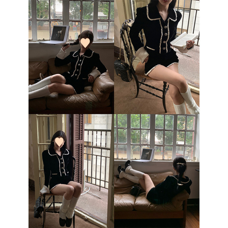 小众设计感气质名媛木耳边撞色外套上衣短裤套装秋季新款两件套|undefined