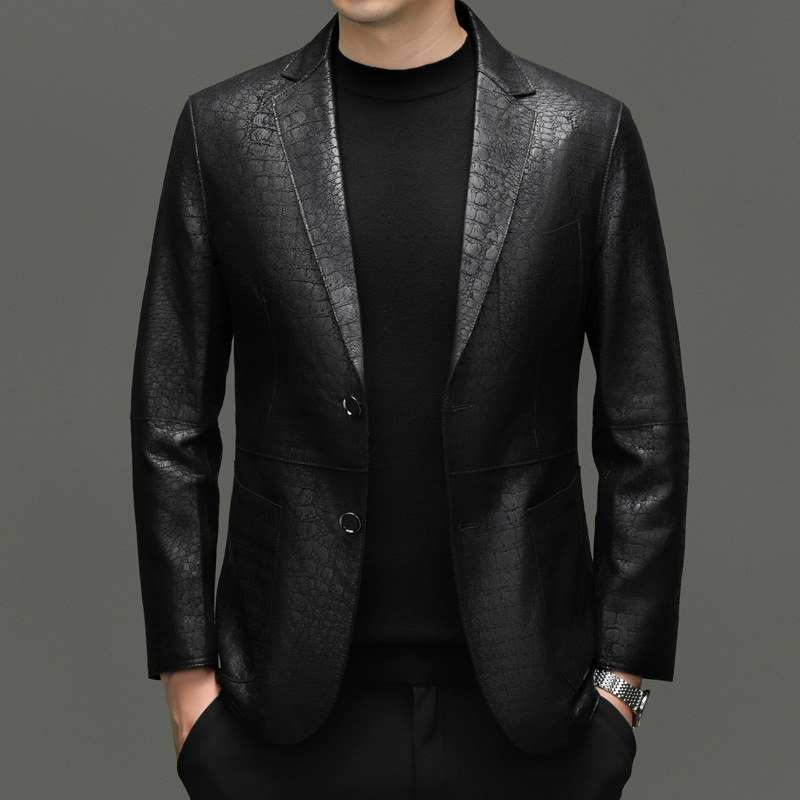 皮衣男士春秋款羊皮西服商务休闲男装高档鳄鱼纹真皮西装外套百搭