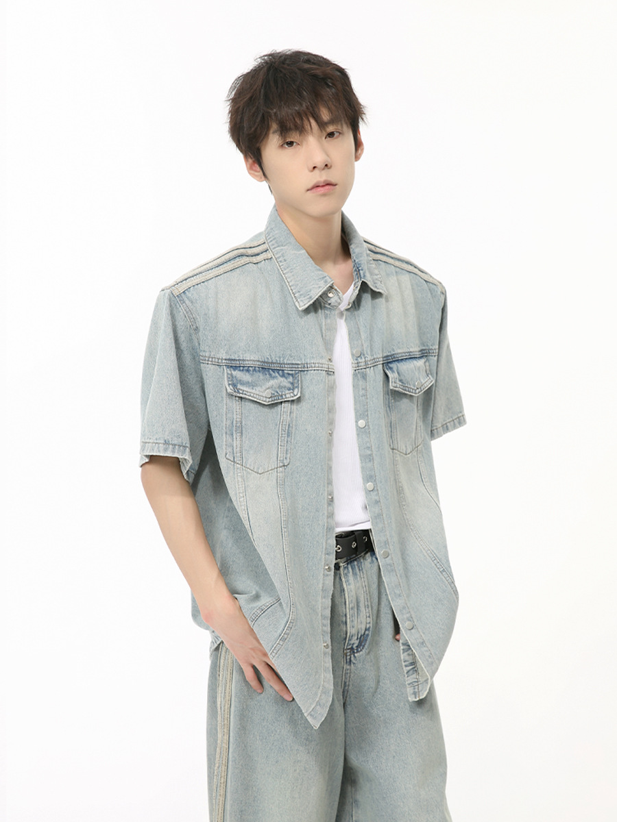 MTLCLOTHES Hombres| 2024 verano nuevo estilo retro americano barra lateral estriado diseño cojín de hombro conjunto de moda